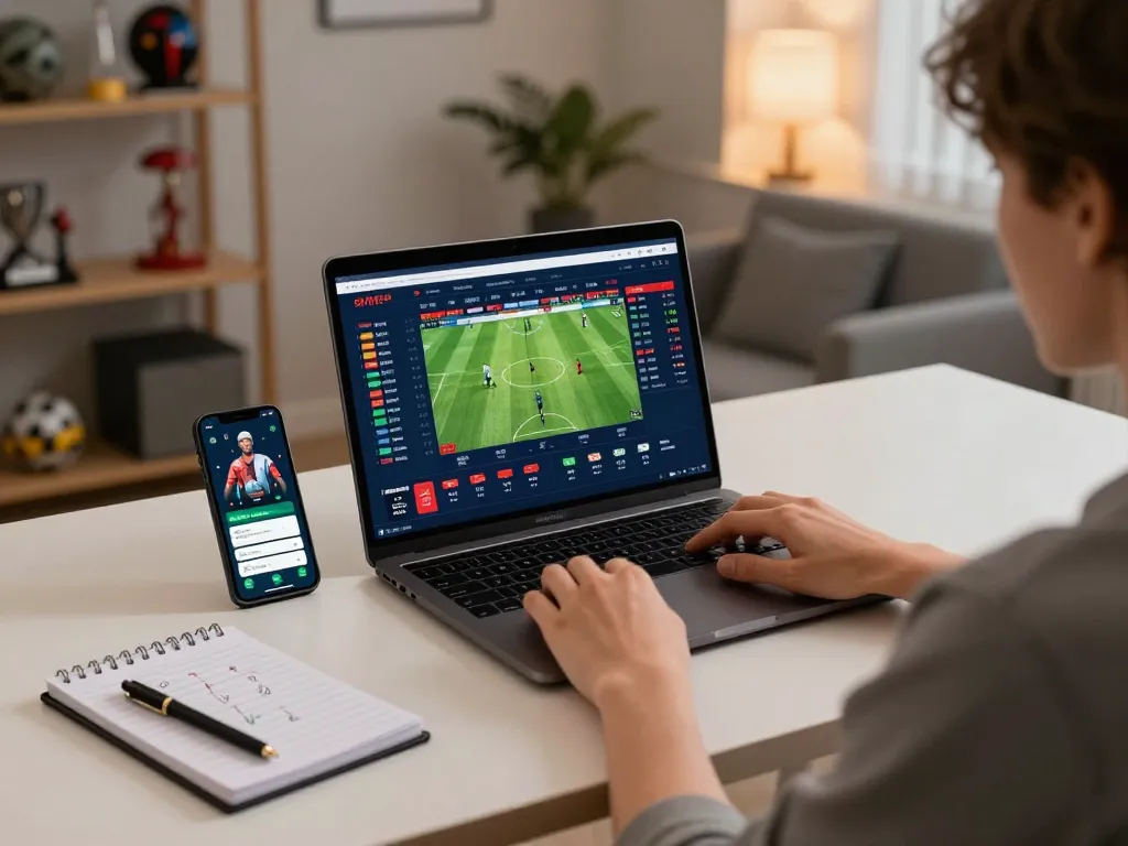 Engaging in keonhacai online sports betting with real-time odds displayed, cozy home gaming setup.