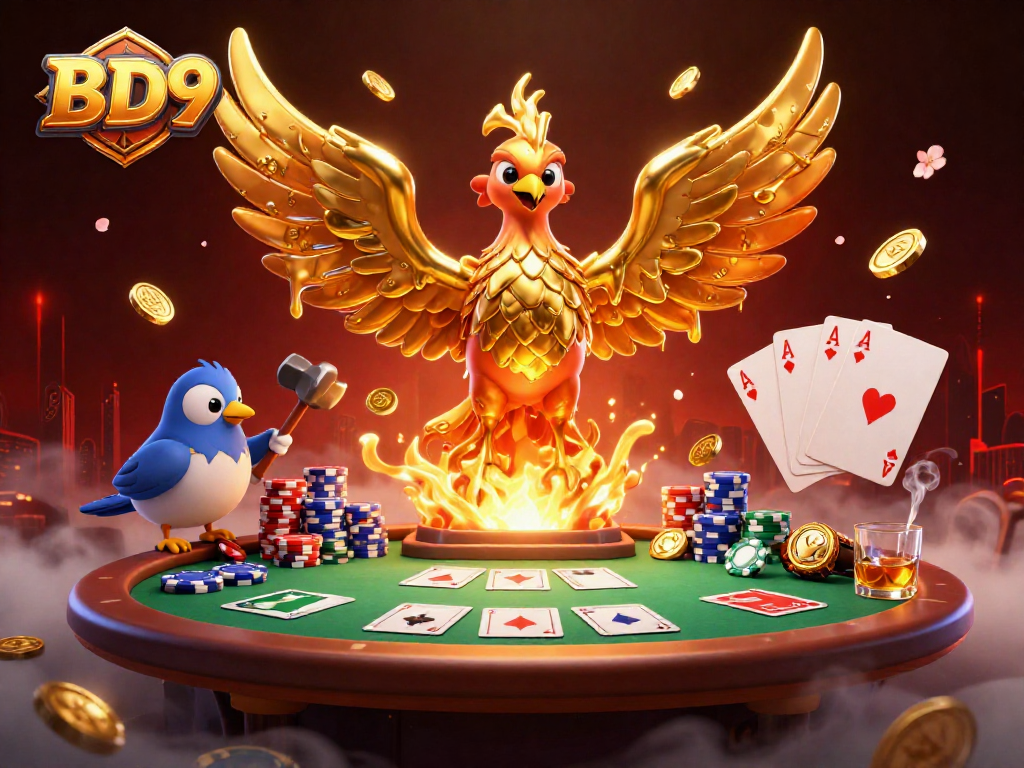 Experience the thrill of BD9 casino with molten golden phoenix and poker elements