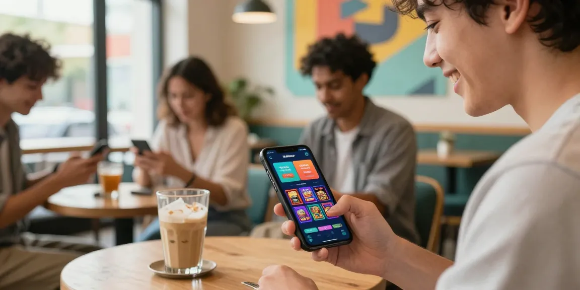Player enjoying H5 Winbox on smartphone in a café, showcasing engaging casino game interface.