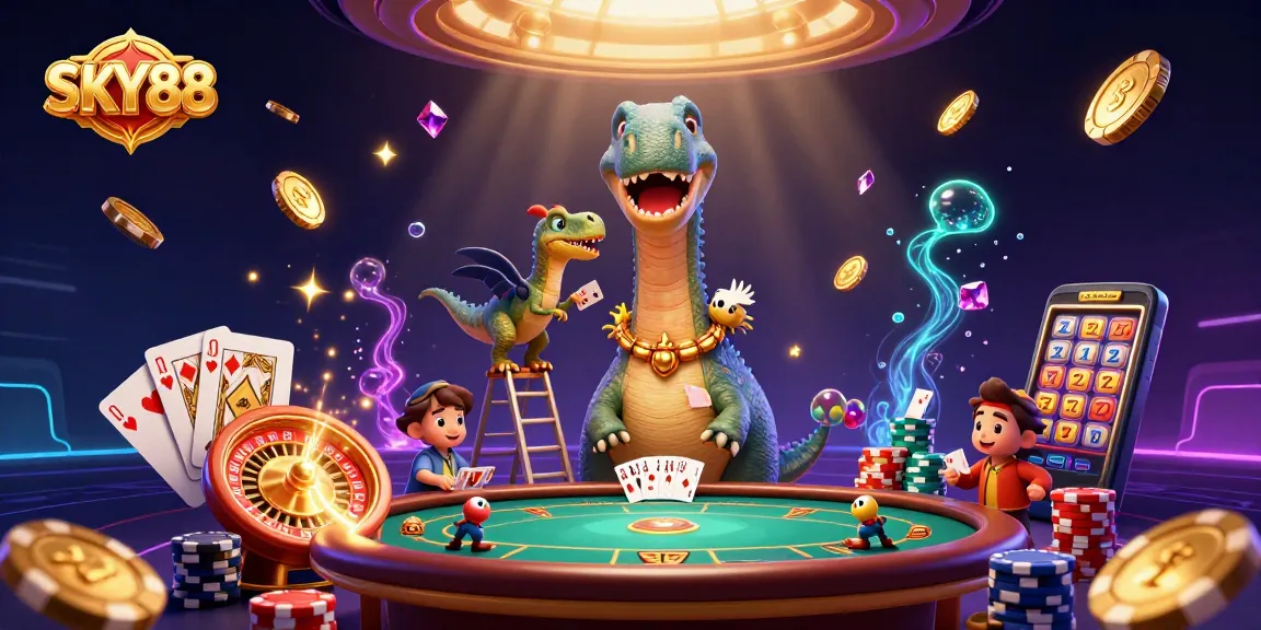 Experience the lively atmosphere at SKY88 with a vibrant casino scene featuring colorful characters and exciting game elements.