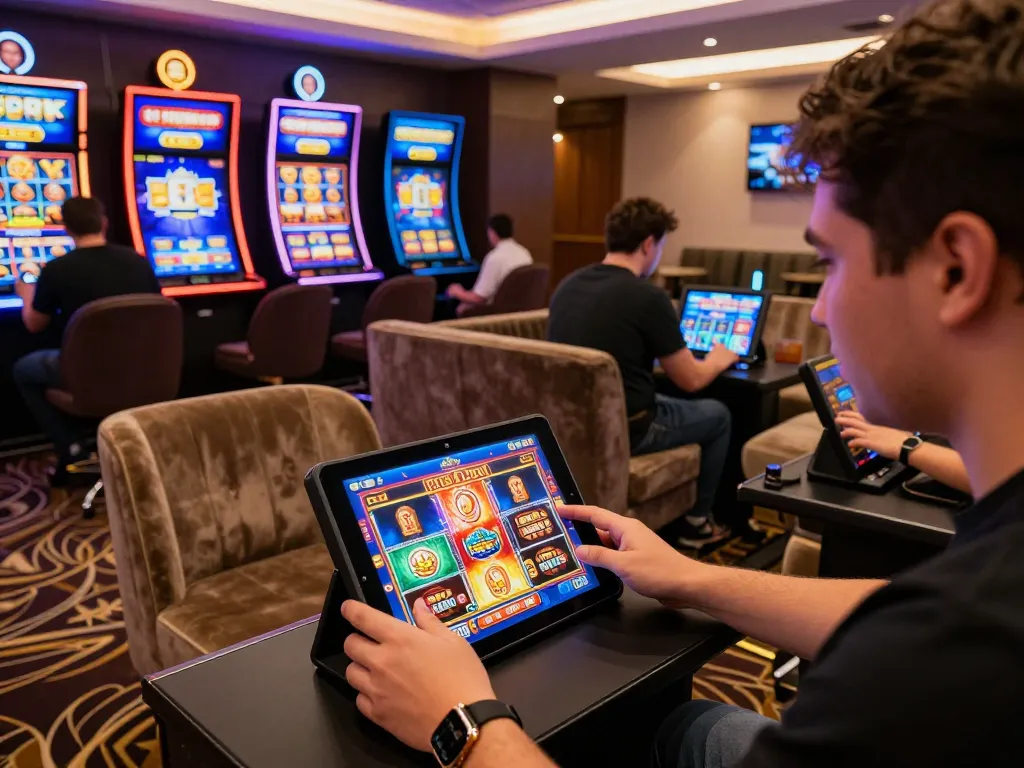 Player enjoying free credit 918kiss in a lively online casino atmosphere filled with vibrant slot game graphics.