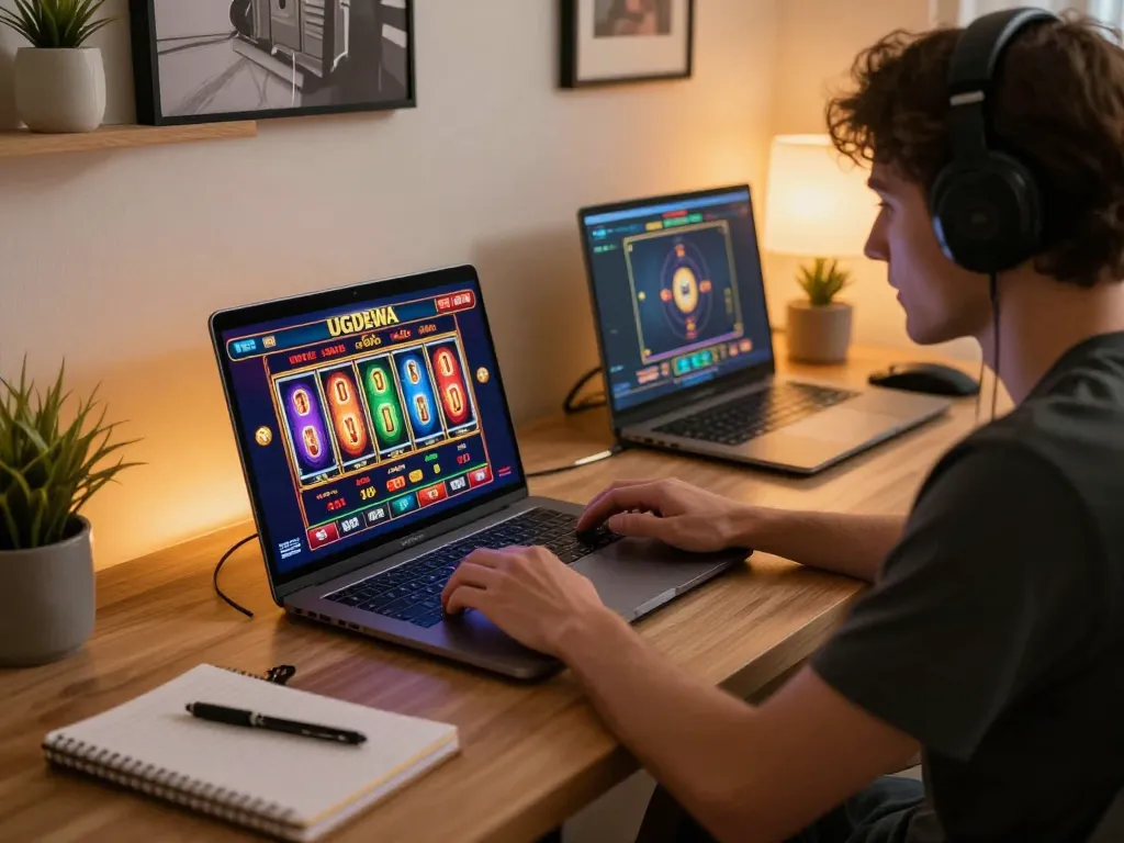 Engaged player spinning reels on UGDEWA online casino interface, showcasing an exciting gaming session.