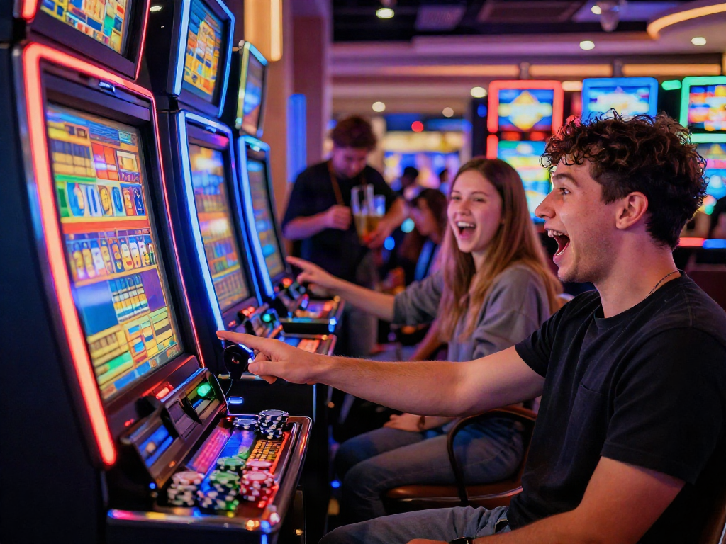 Excited player enjoying slot gacor games at a lively casino scene.
