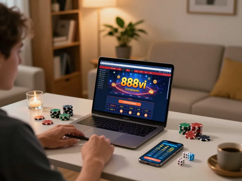 Experience thrilling gameplay at 888vi with a cozy online gaming setup, showcasing strategic betting.