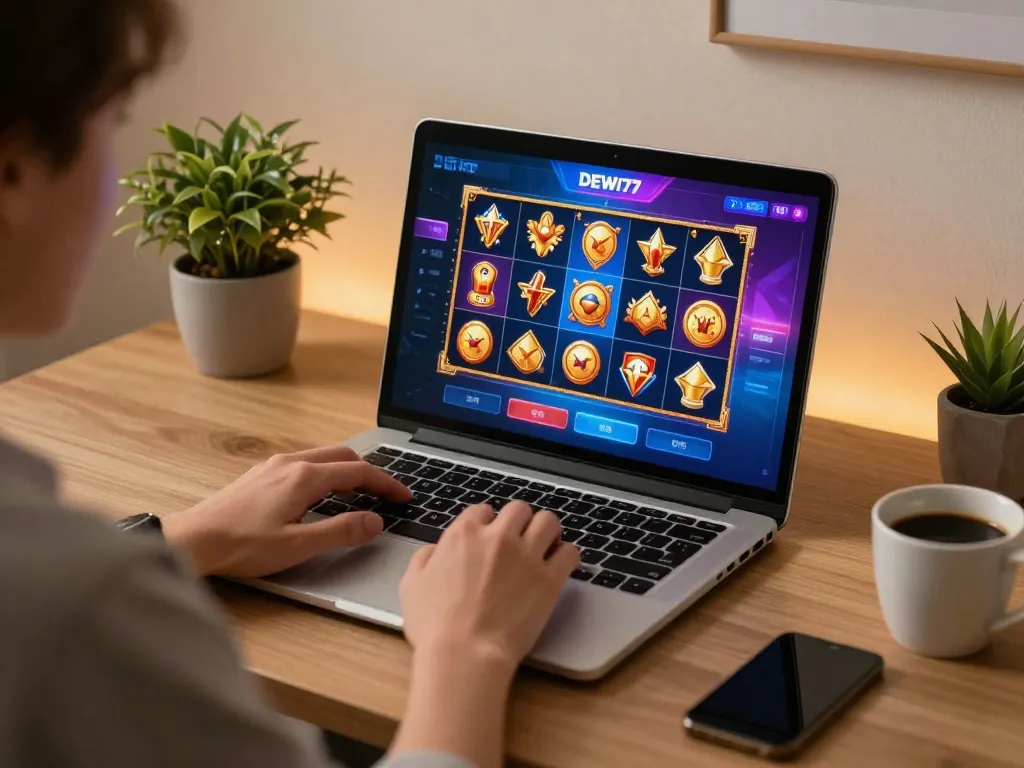 Pemain menikmati slot kasino online DEWI77 di laptop, menampilkan antarmuka yang hidup dan suasana strategis