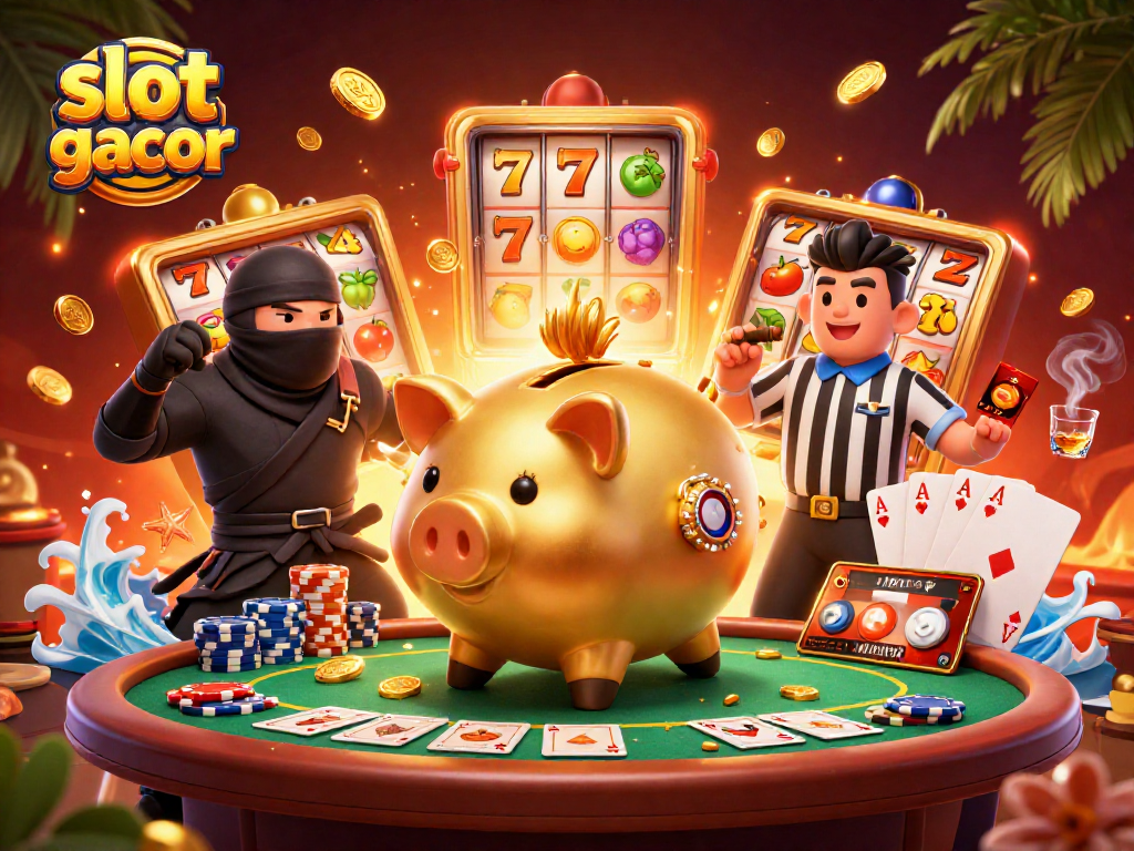 Experience slot gacor excitement with a lively scene featuring engaging characters and vibrant casino elements.