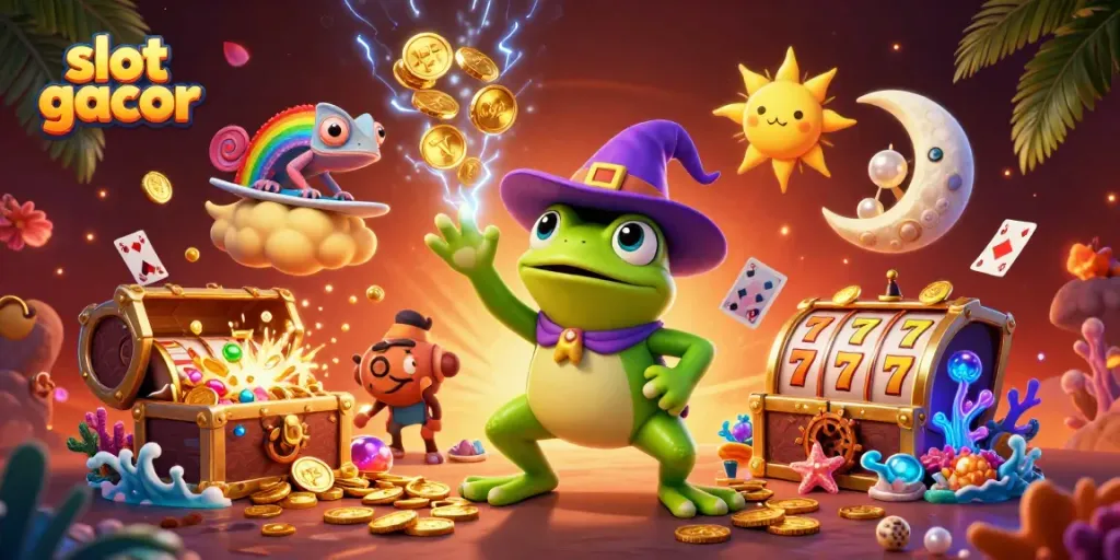 Experience the thrill of slot gacor with a colorful scene of magical characters and casino elements.