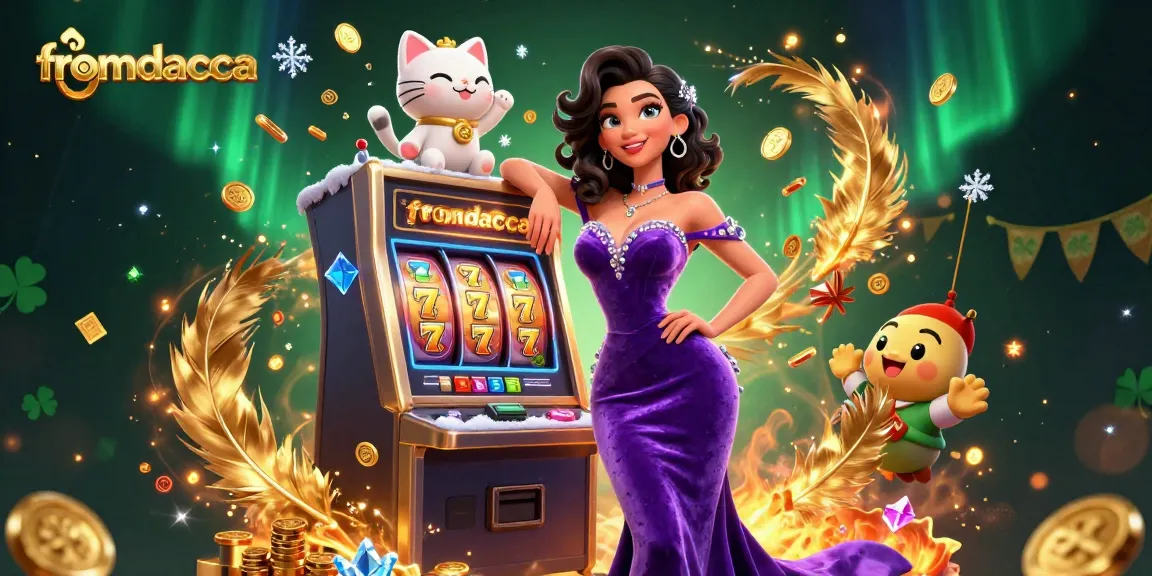 Experience the excitement of jackpots with fromdacca's lively slot machine and waving fortune cat mascot.