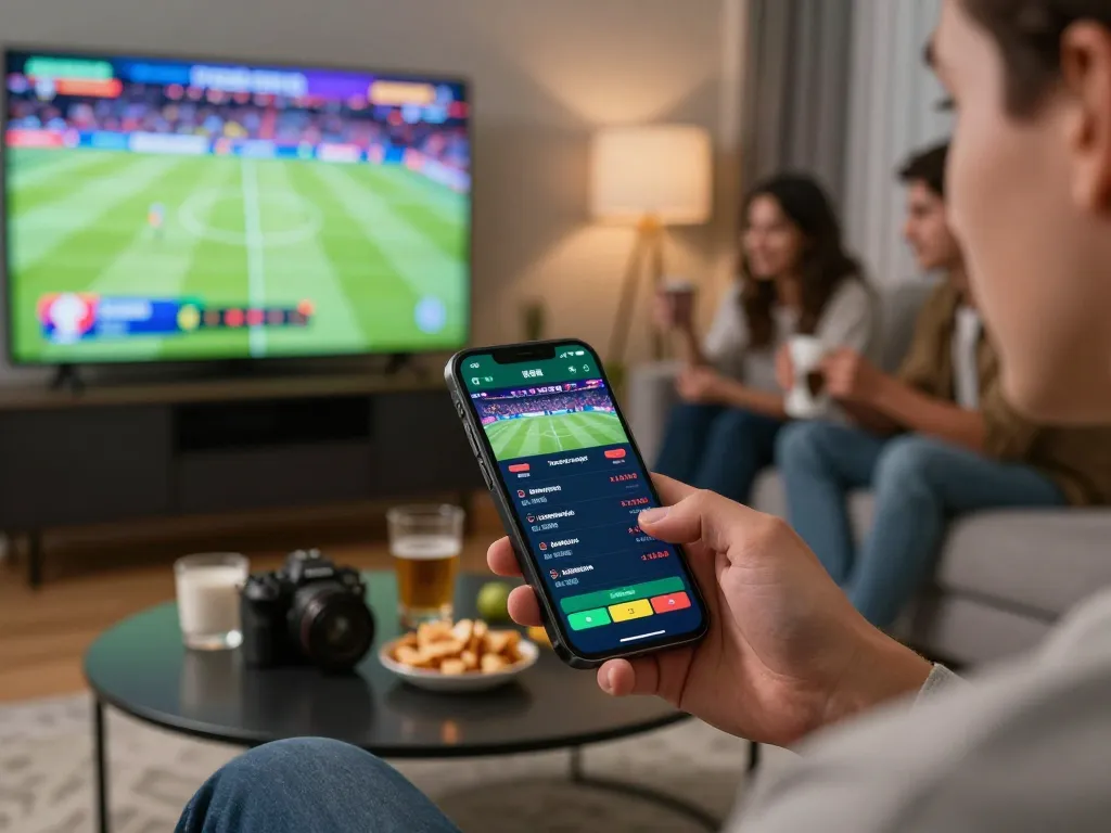 Engaging in online betting with nhà cái fly88 on a smartphone during a sports game, showcasing a lively home setting.