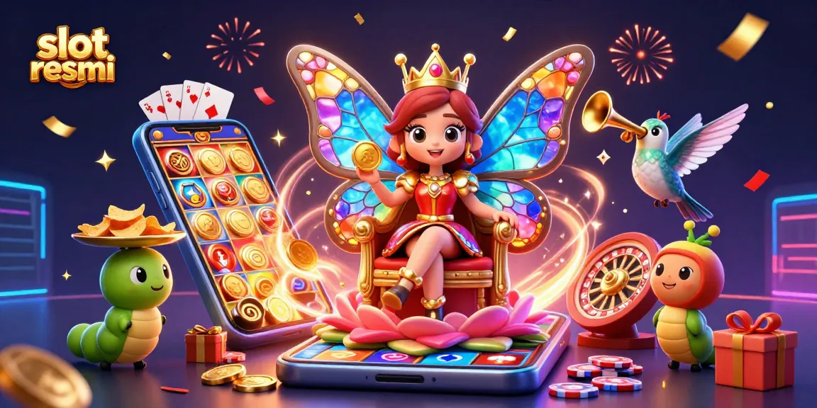 Experience the thrill of slot resmi as the butterfly queen presides over golden chips and spinning reels in this vibrant casino illustration.