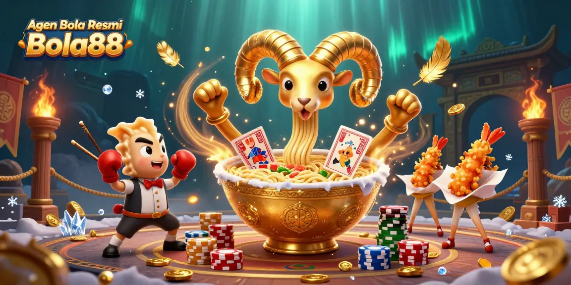 Agen Bola Resmi Bola88 showcases a giant golden ramen bowl and colorful casino characters, enriching the gambling experience.
