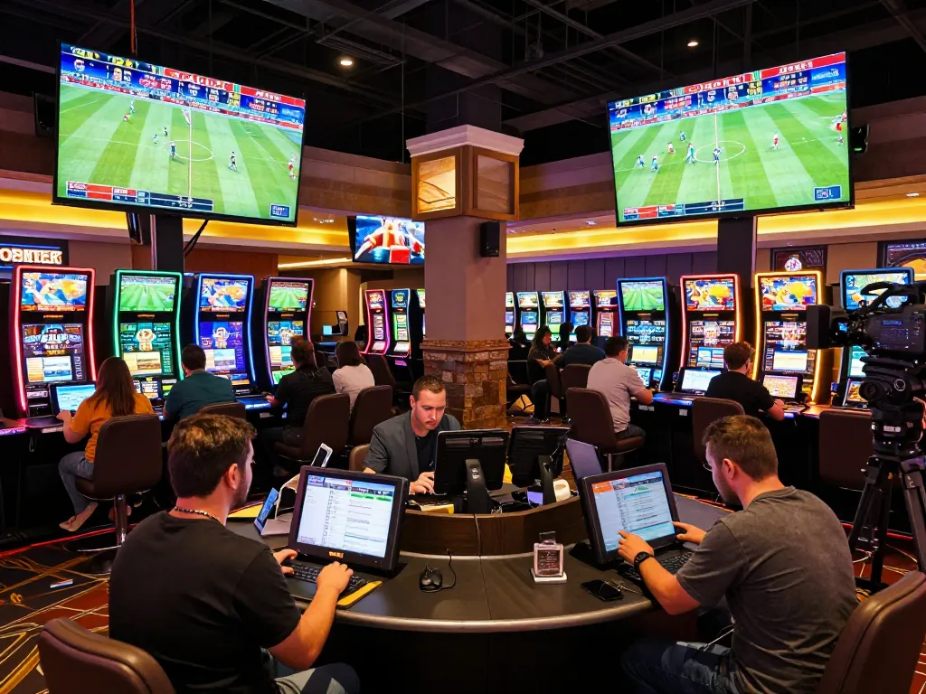 Soi Kèo enthusiasts engaging in sports betting with live screens and interactive devices