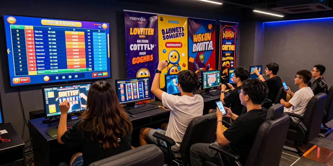 ngamenjitu players enjoying an exciting lottery and slot gaming experience in a vibrant lounge