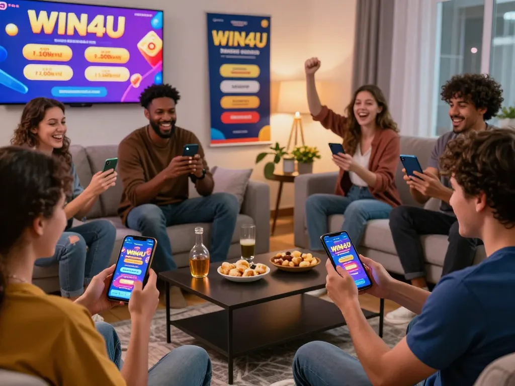Engaged players using the WIN4U app for online rewards and bonuses in a cozy gaming environment.