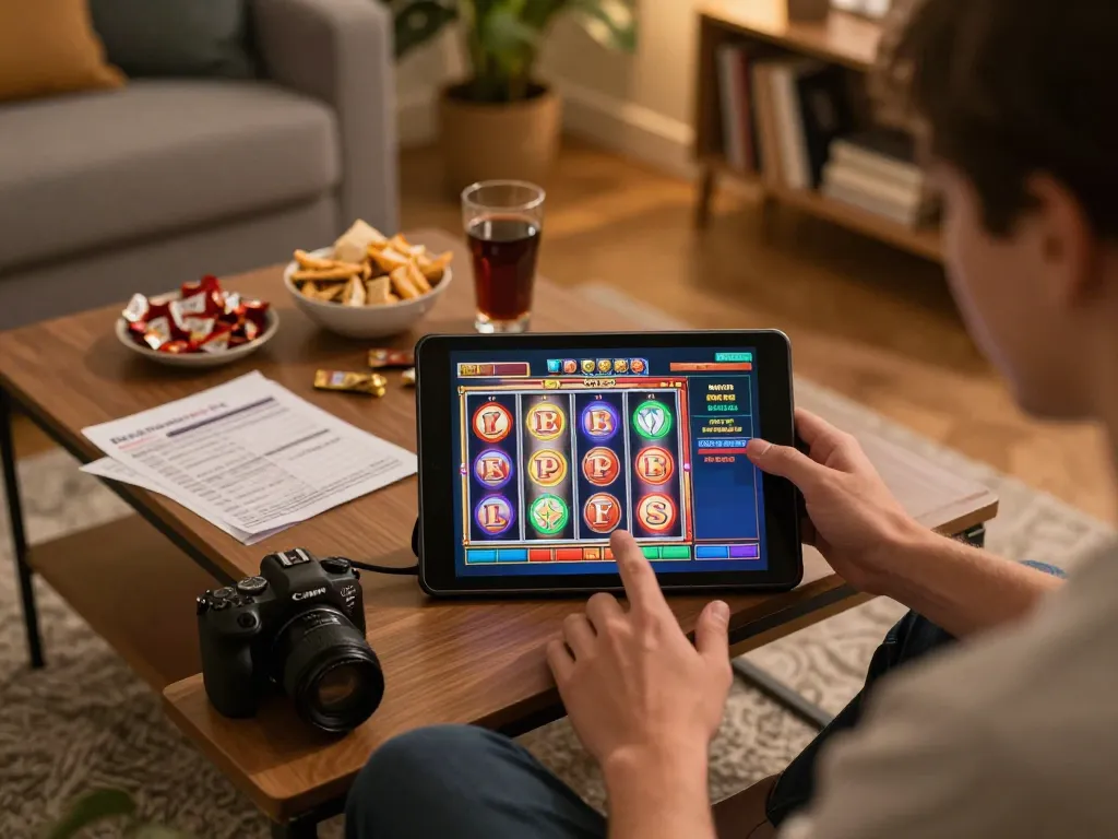 Player enjoying LGOLUX slots online in a cozy home setting with vibrant screen and snacks
