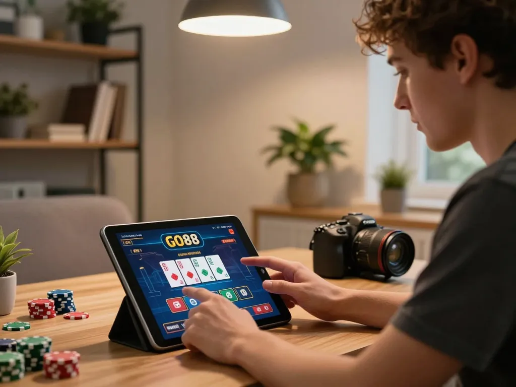 Engaging in GO88 online gaming with tablet interface, cozy home atmosphere enhancing responsible gambling experience.