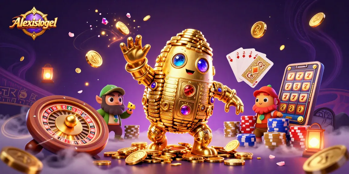 Golem emas berputar di kasino, simbol slot muncul, Alexistogel menghadirkan keseruan judi.