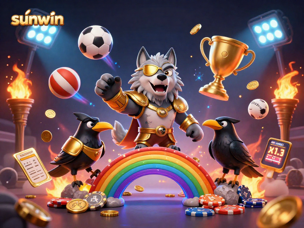 Engage with the sunwin platform featuring a dynamic 3D illustration of Norse mythology characters amidst casino symbols
