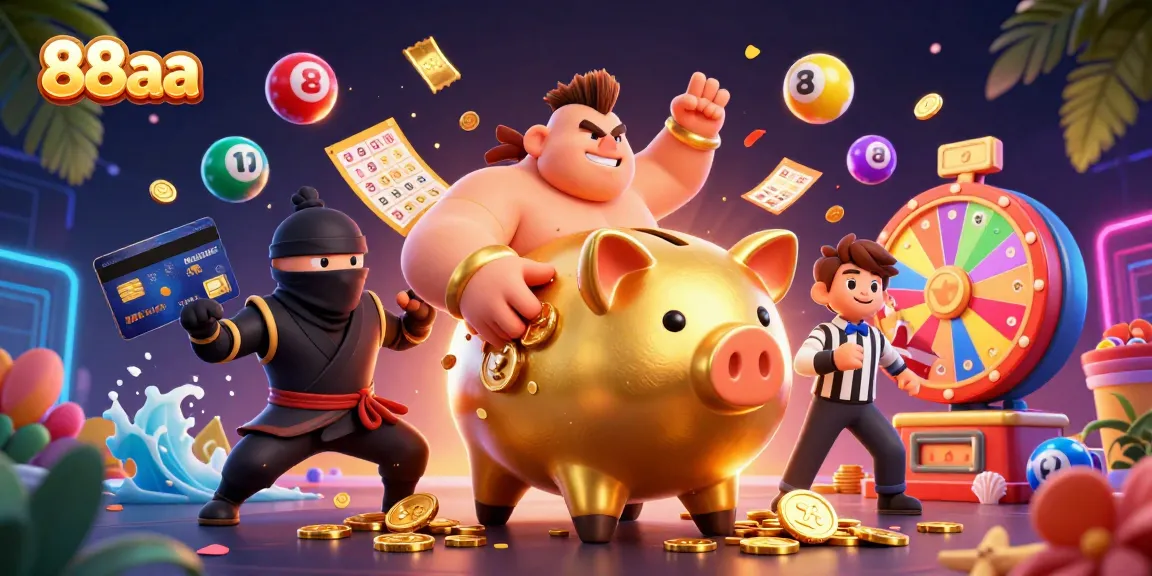 Experience the excitement of 88aa with a golden piggy bank sumo wrestler amidst a dynamic casino scene.