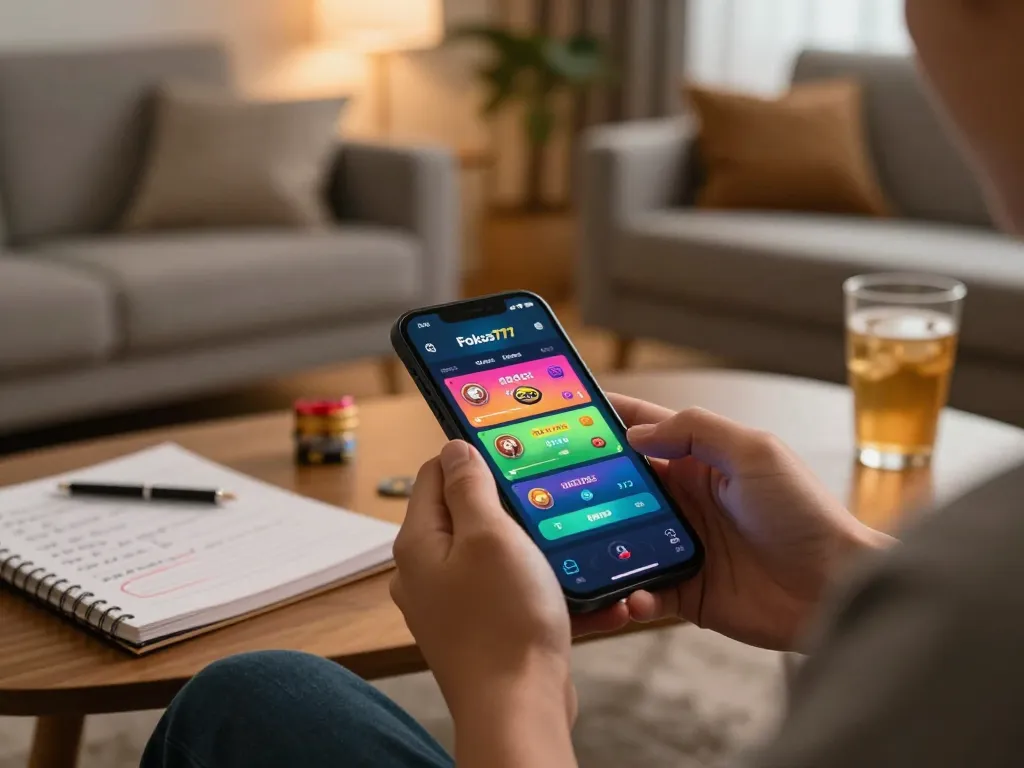 Engaging with the Fokus777 app for online casino gaming while seated comfortably.