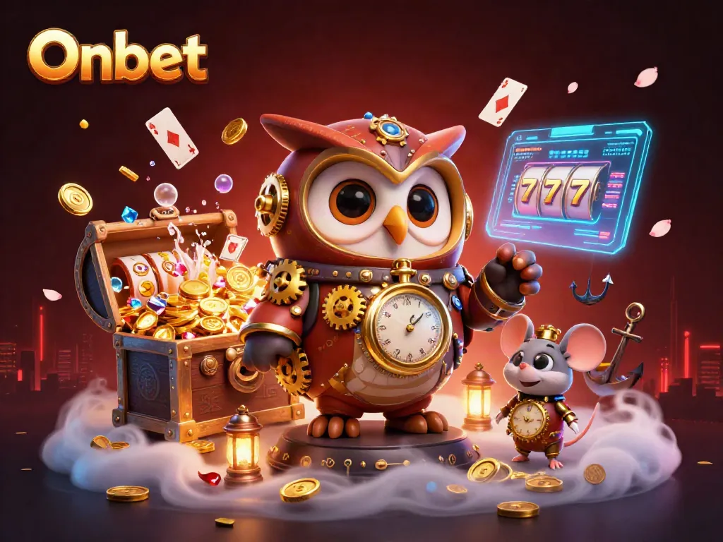 Engage in thrilling gameplay at Onbet with a dynamic casino scene featuring a steampunk owl and exciting jackpots.