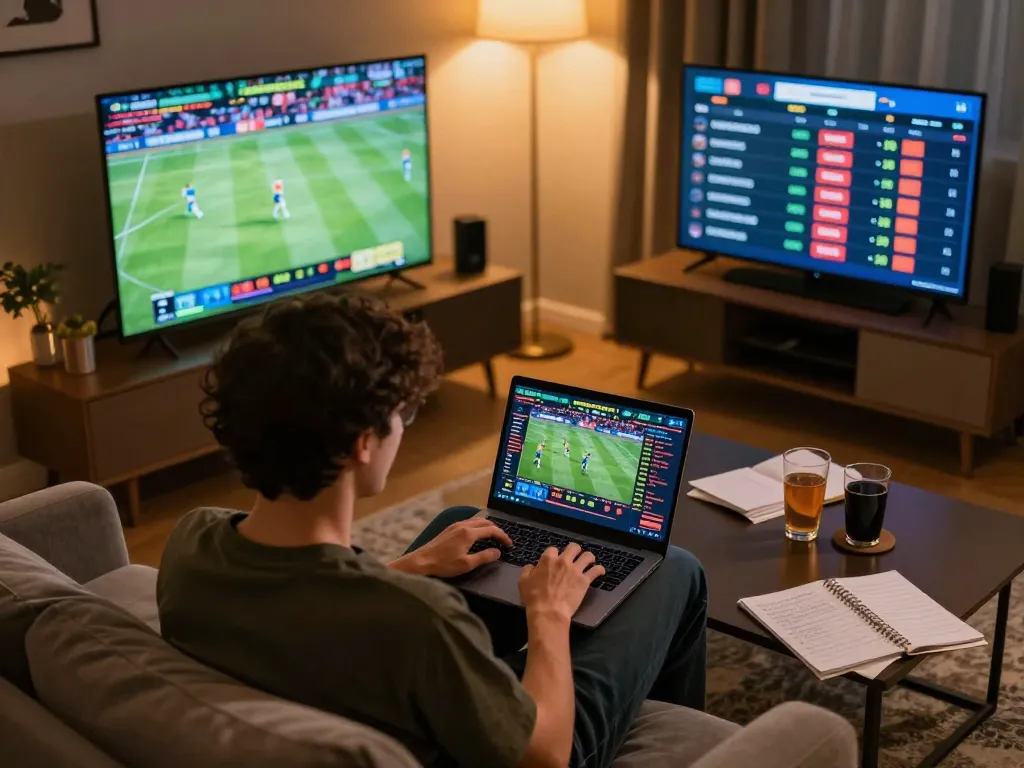 Engaging sports betting scene at home, analyzing situs togel options with warm lighting and excitement.