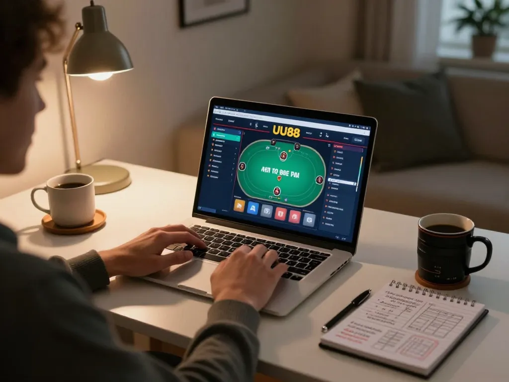 Engaged player on UU88 trang chủ using laptop to strategize poker game with warm home atmosphere