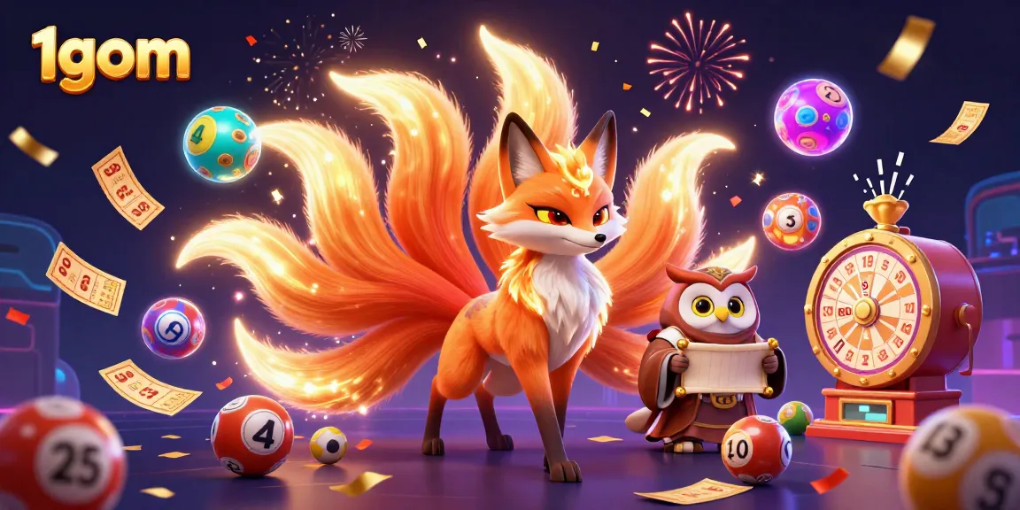 Engage with 1gom's vibrant illustration of a nine-tailed fox spirit and wise owl amid festive lottery elements.