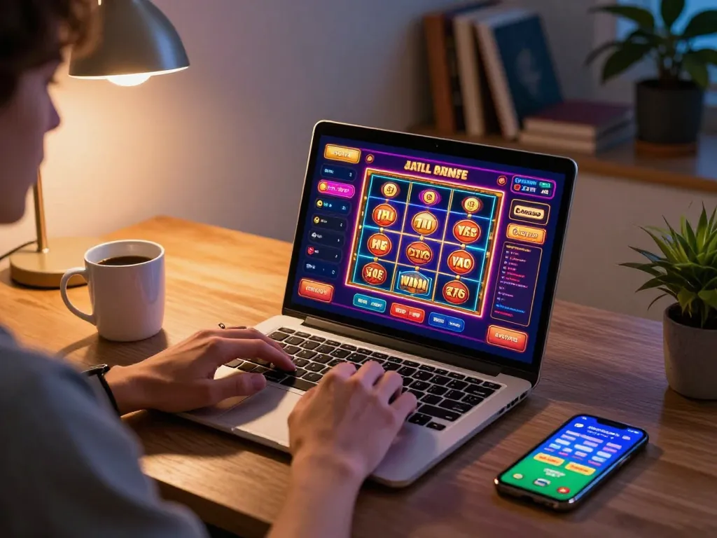 tonysitaliancuisine engaged in online slots gameplay on a laptop with vibrant visuals and cozy atmosphere