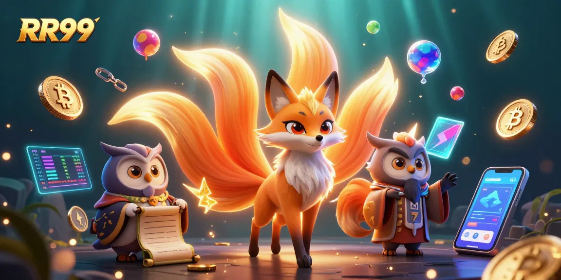 Engage with thrilling games at RR99, featuring a colorful nine-tailed fox and wise owl amid glowing casino elements.