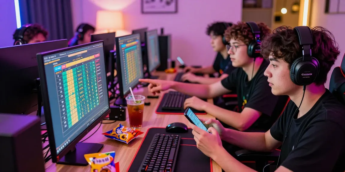 Excited players engaging in an online togel game with colorful snacks and drinks.