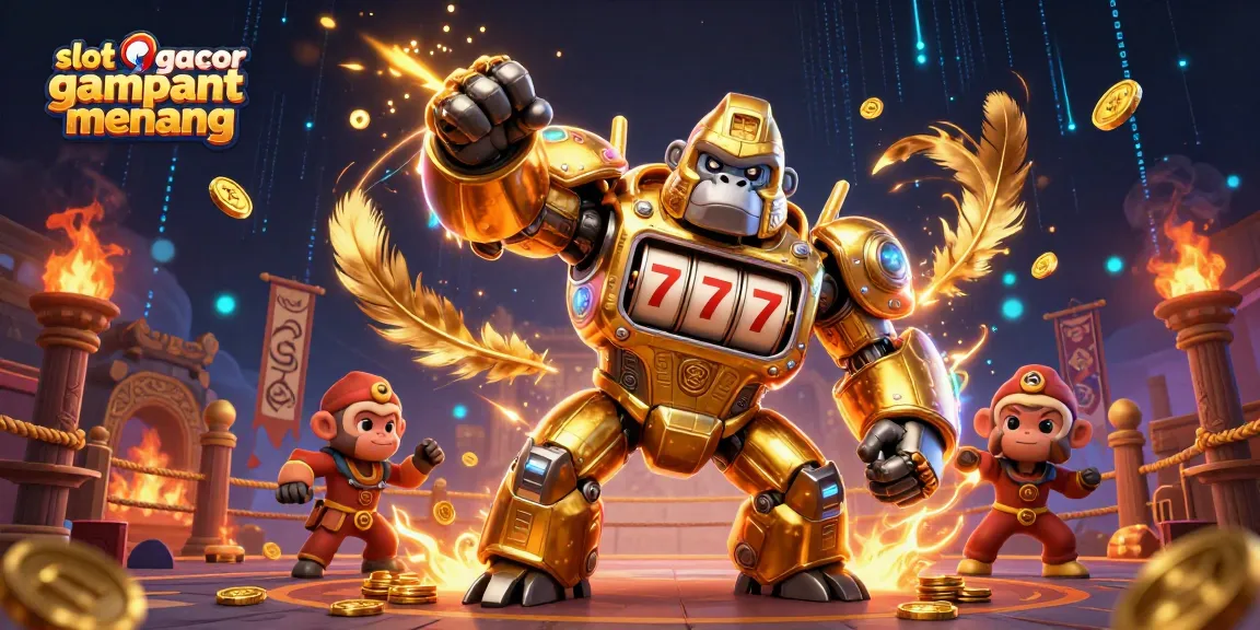 Engage with slot gacor gampang menang in this vibrant casino-themed illustration featuring a dynamic golden mech.