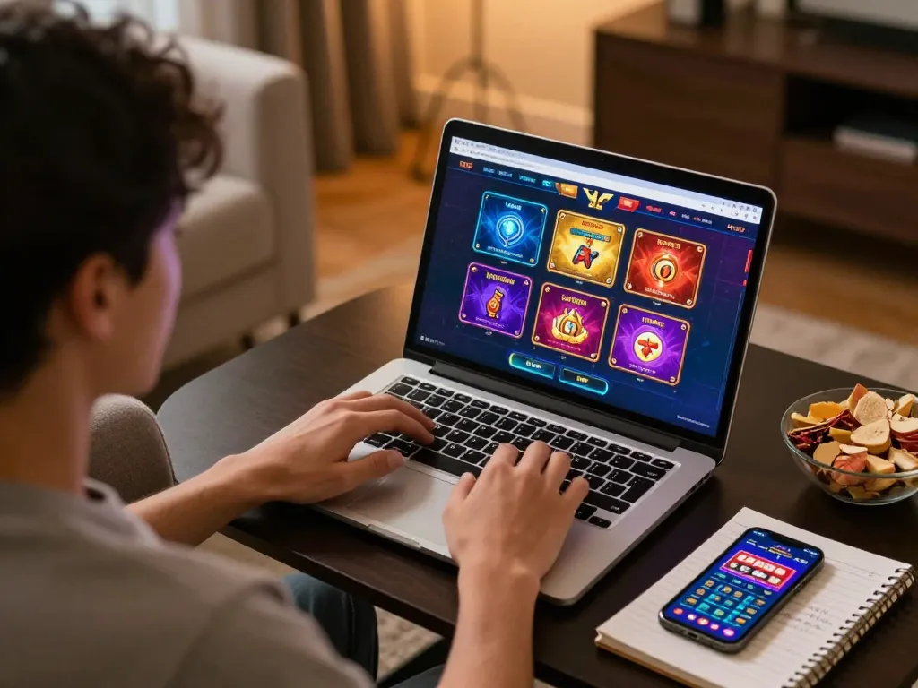 Engaging in online usa casinos gameplay on a laptop at home, showcasing a vibrant gaming interface.