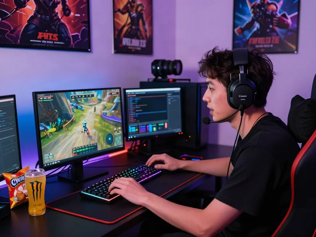 Akunjp gaming enthusiast engaged in intense gameplay on high-end laptop.