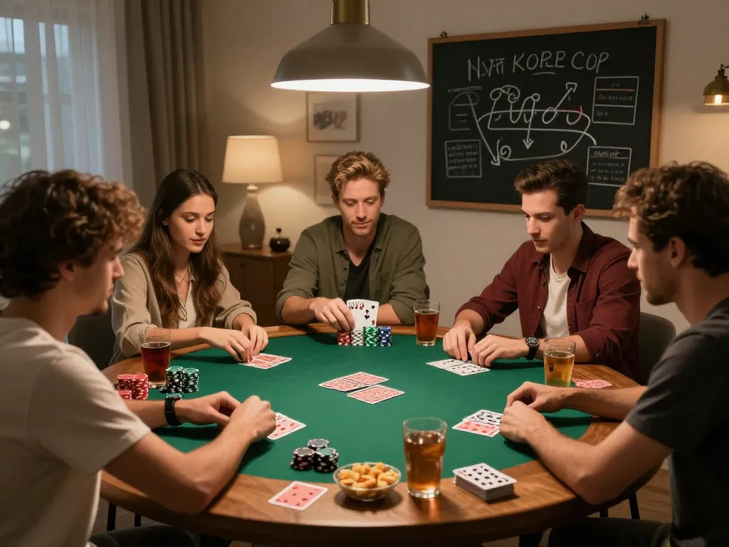 Friends engaging in poker night at home, highlighting responsible gaming with a focus on Demo Slot Pragmatic.