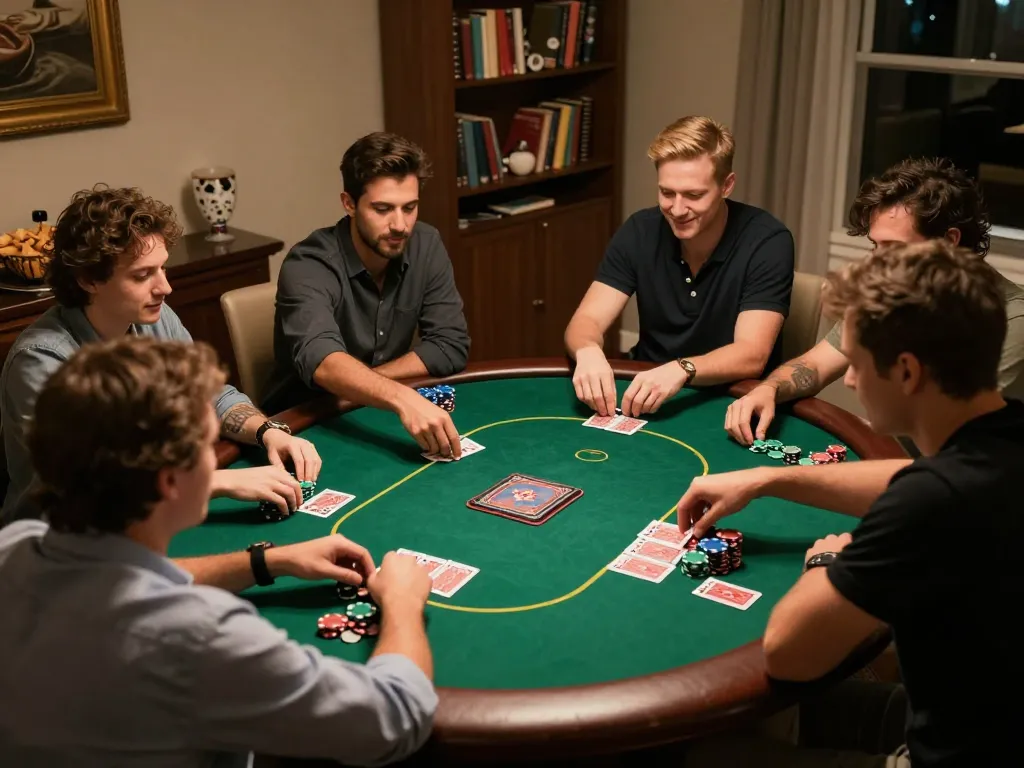 Friends enjoying a poker game at home, showcasing king33 casino experience with chips and cards