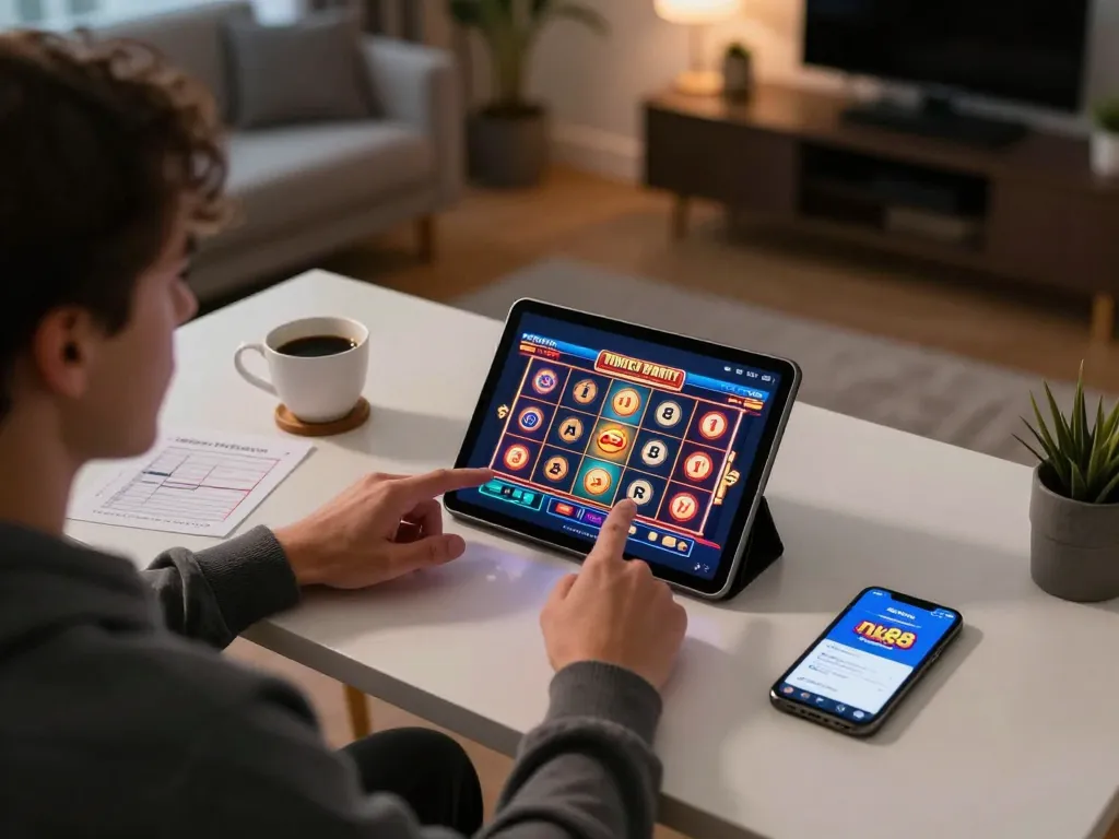 Engaging with the nk88 online casino app on a tablet at home while enjoying a casual gaming experience.