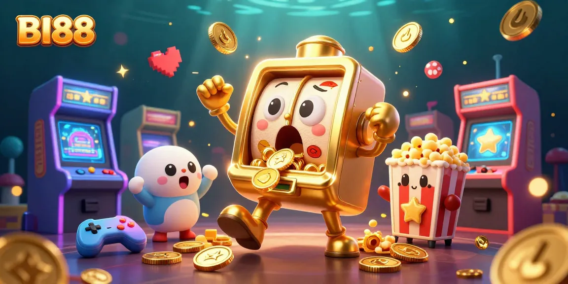 Celebrate winning moments with BI88 as an expressive golden slot machine hits a jackpot, coins pouring out!
