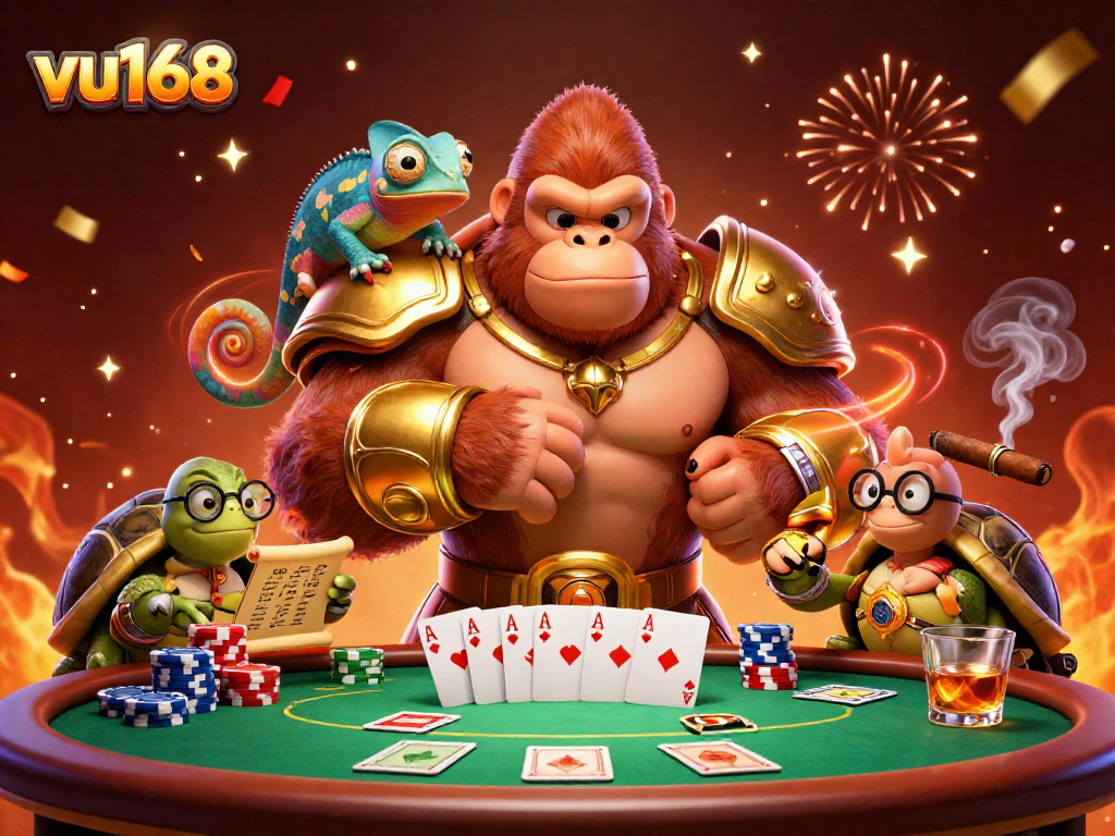 Engage with the thrilling scene of vu168, featuring a powerful gorilla, a colorful chameleon, and wise tortoise in a vibrant casino atmosphere.
