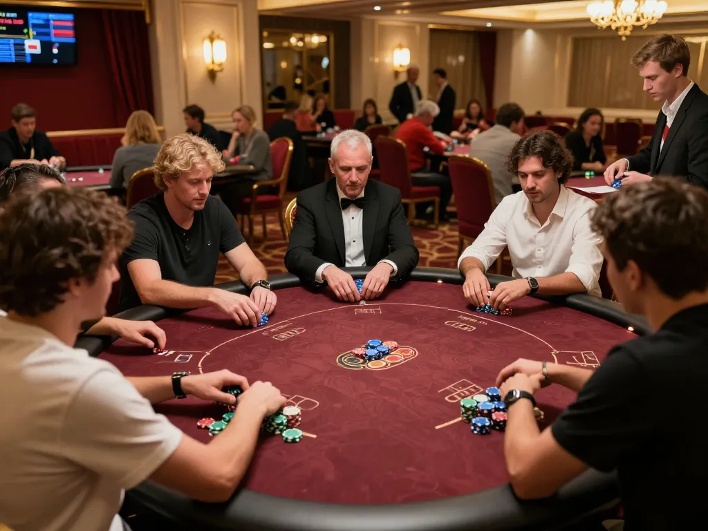 king33 players strategizing in luxurious poker environment, high-stakes action with rich decor