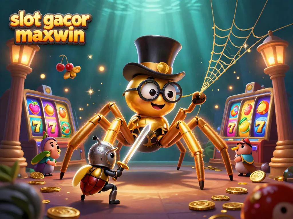 Menangkan slot gacor maxwin dalam ilustrasi 3D dengan laba-laba emas dan prajurit kecil di kasino.