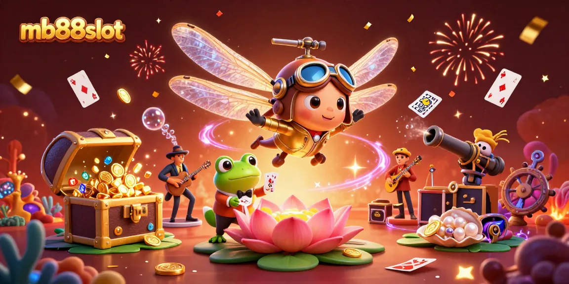 Experience the thrill of gaming at mb88slot with a vibrant 3D illustration of our dragonfly helicopter pilot and frog croupier!