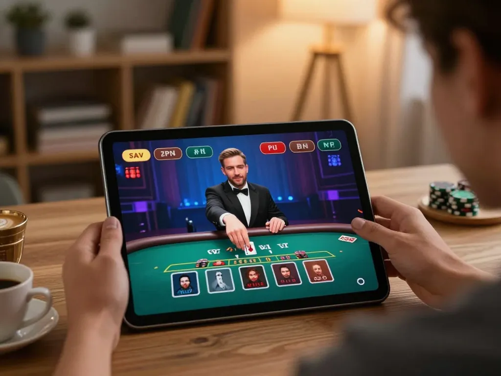 Player enjoying dinamit4d live dealer blackjack on tablet in cozy home setup