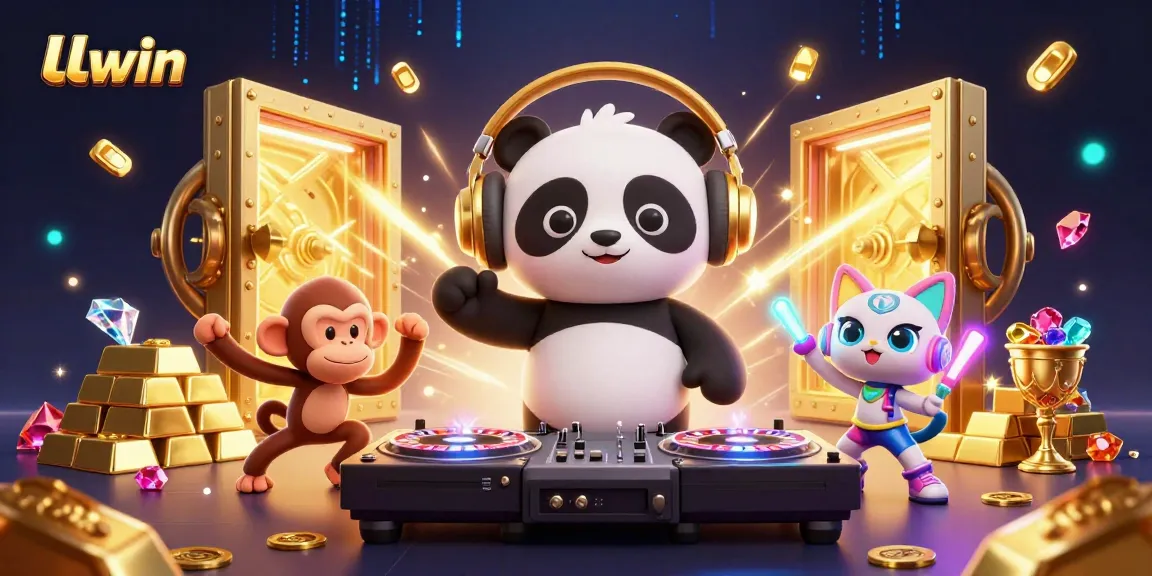 Experience the vibrant LLwin casino scene featuring playful characters and sparkling treasures.