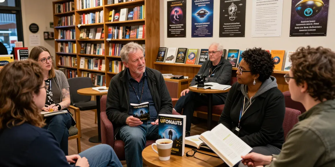 T Allen Greenfield discussing UFOnauts at https://tallengreenfield.com with readers in a cozy bookshop.