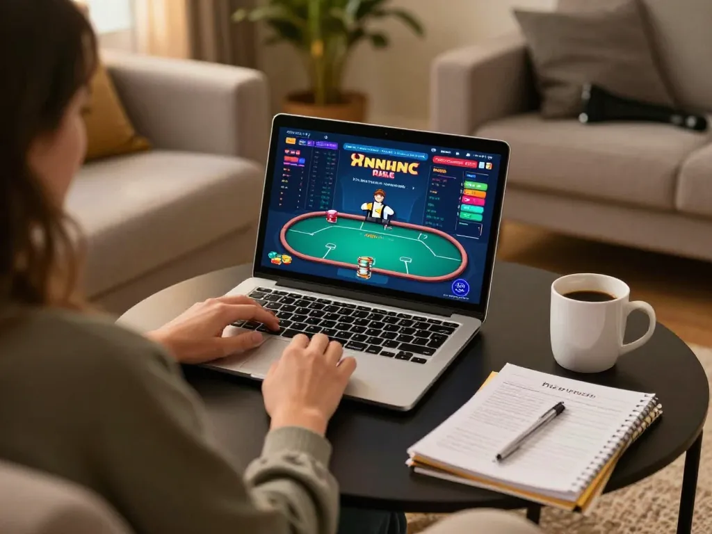 Player enjoying kkwin online poker game on laptop, surrounded by cozy home atmosphere.