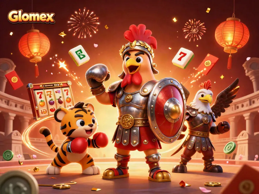 Glomex showcases vibrant 3D illustration of casino characters enjoying slot games with dynamic elements.