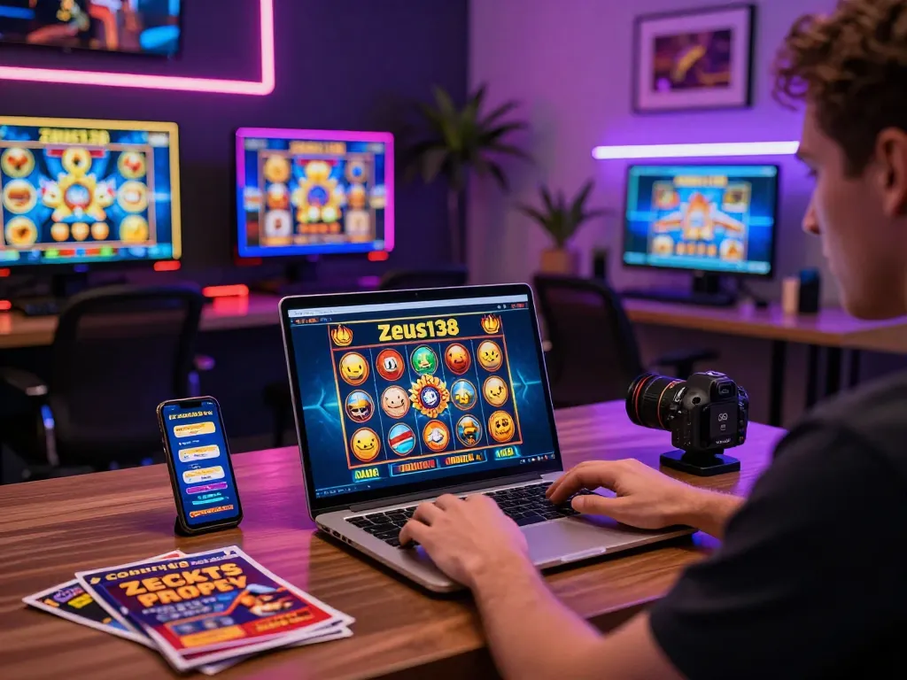 Player enjoying Zeus138 online gaming with vibrant slot machines and modern home office setup.