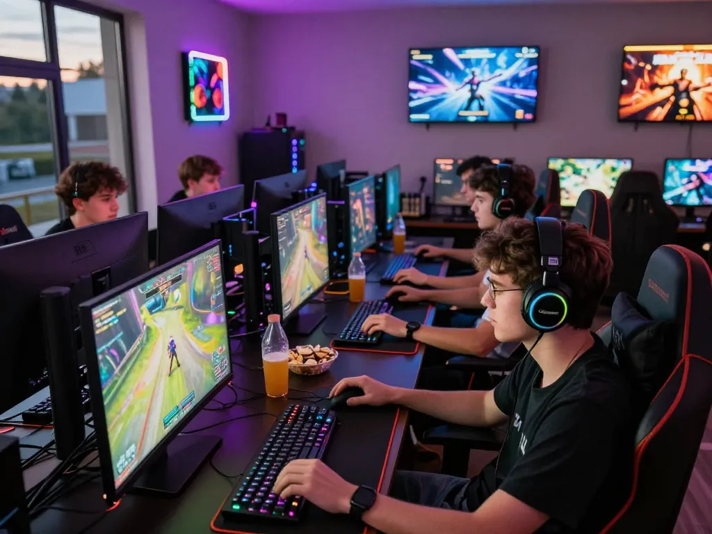 Hoki288 players enjoying an engaging online gaming session in a vibrant gaming lounge