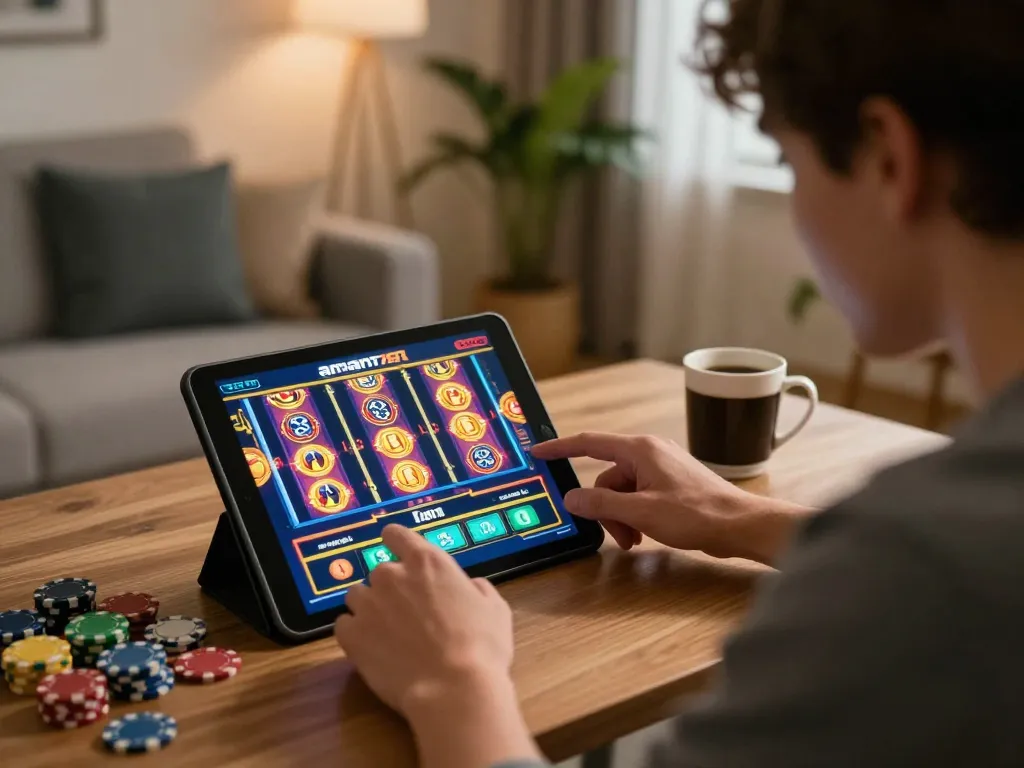 Player enjoying aman788 slot games on a tablet in cozy home environment